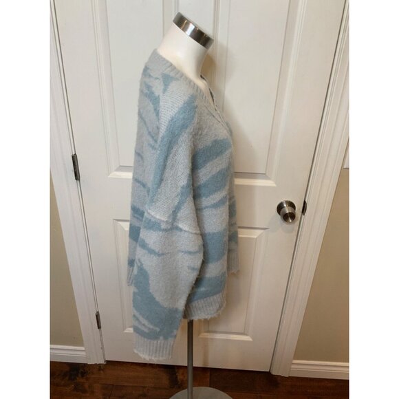 AllSaints Blue Animal Striped V-Neck Knit Sweater, Size Large - Picture 2 of 5